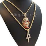 Iced Out Saw Inspired & Ankh Cross Pendant & 20" 24" Rope, Cuban Chain Necklace
