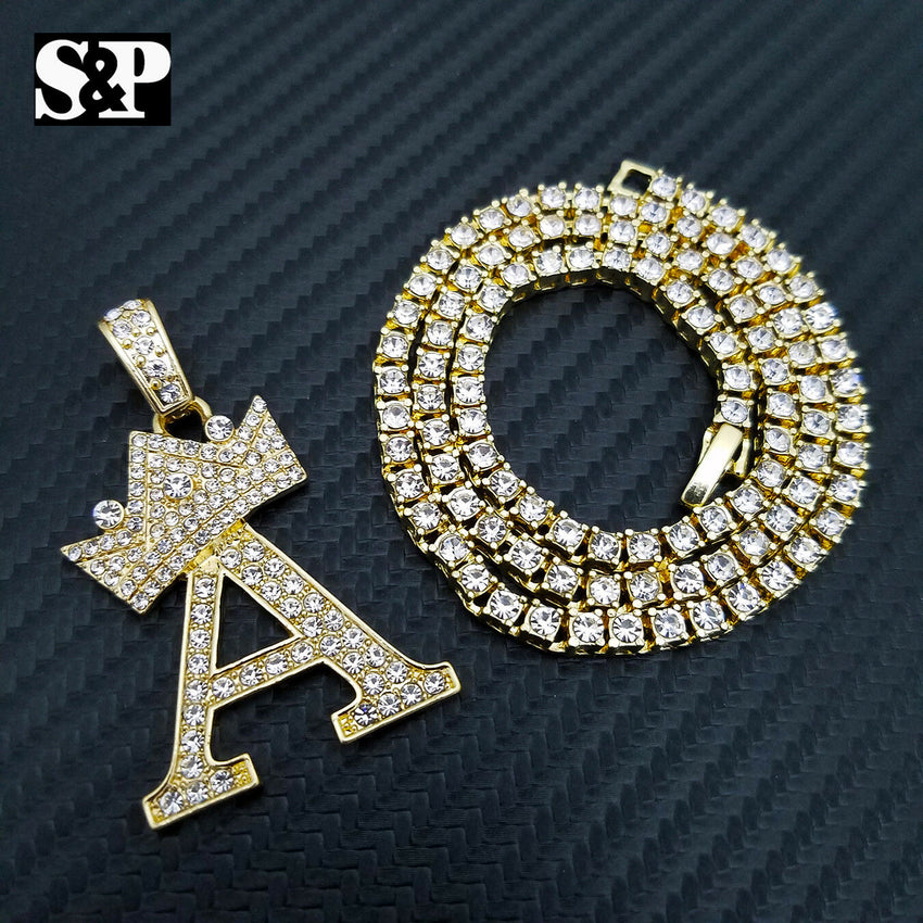 Hip Hop Initial A Pendant & 18" Full Iced 1 ROW DIAMOND Tennis Choker Chain Necklace