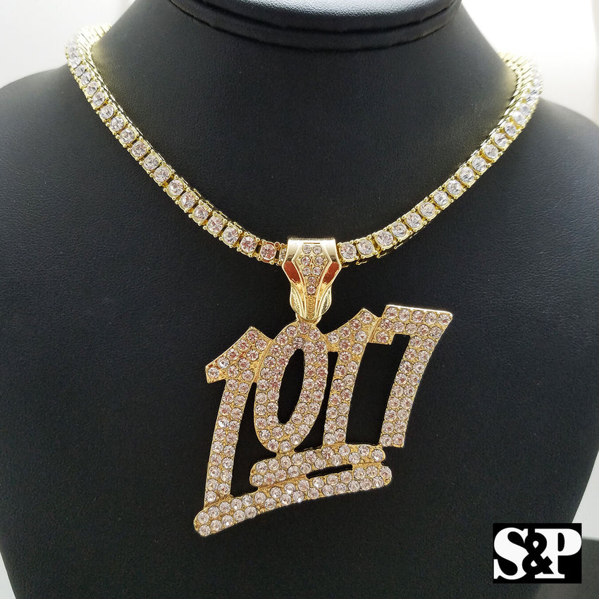 Hip Hop 1017 Pendant w/ 18" 1 ROW DIAMOND Choker Chain Set & 16" Full Iced Cuban Necklace set