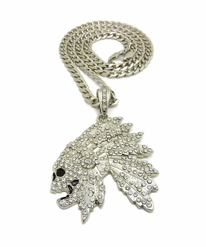 Iced Out Side Skull Cheif Face Pendant & 7mm 30" Cuban Chain Hip Hop Necklace