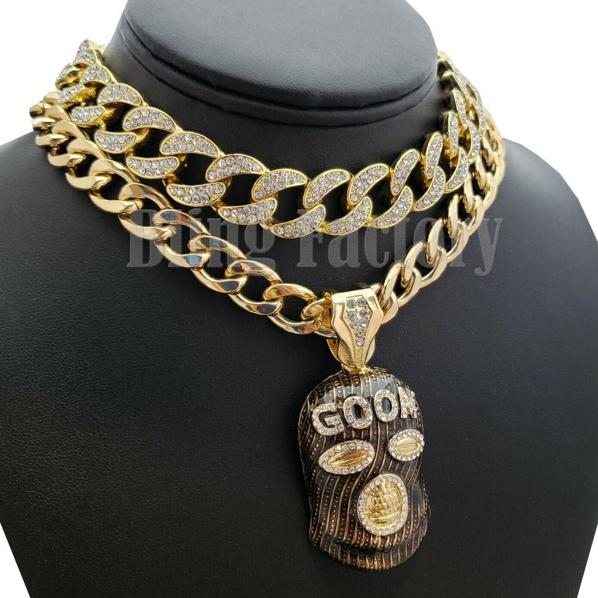 Hip Hop Rapper's Masked Goon Pendant & 18" Iced Cuban Choker Chain Necklace set