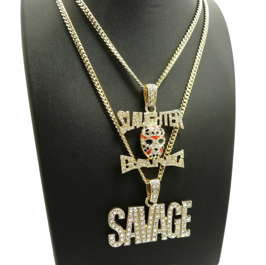 Hip Hop Pave SAVAGE 21 SLAUGHTER Pendant W/ 20" 24" Cuban Chain 2 Necklace Set