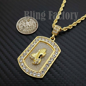 Iced out Glittered Praying Hands Dog Tag Pendant & 4mm 24