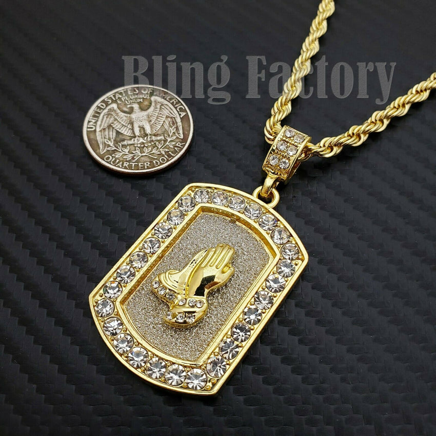 Iced out Glittered Praying Hands Dog Tag Pendant & 4mm 24" Rope Chain Necklace