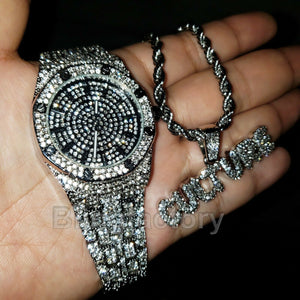 MIGOS ICED OUT WHITE GOLD PLATED LAB DIAMOND WATCH & CULTURE NECKLACE SET