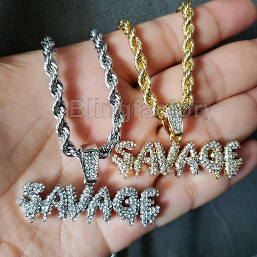 Iced out Hip Hop Lab Diamond Drip SAVAGE Pendant & 4mm 24" Rope Chain Necklace