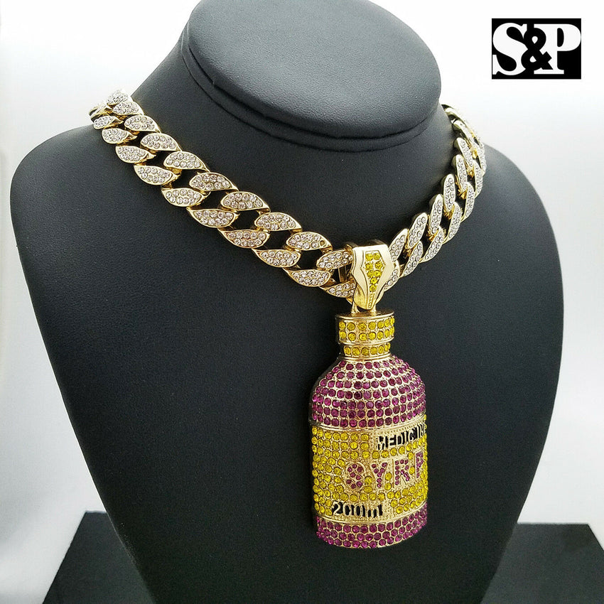 Hip Hop Lab Diamond Syrup Bottle Pendant & 18" Full Iced Cuban Choker Chain Necklace