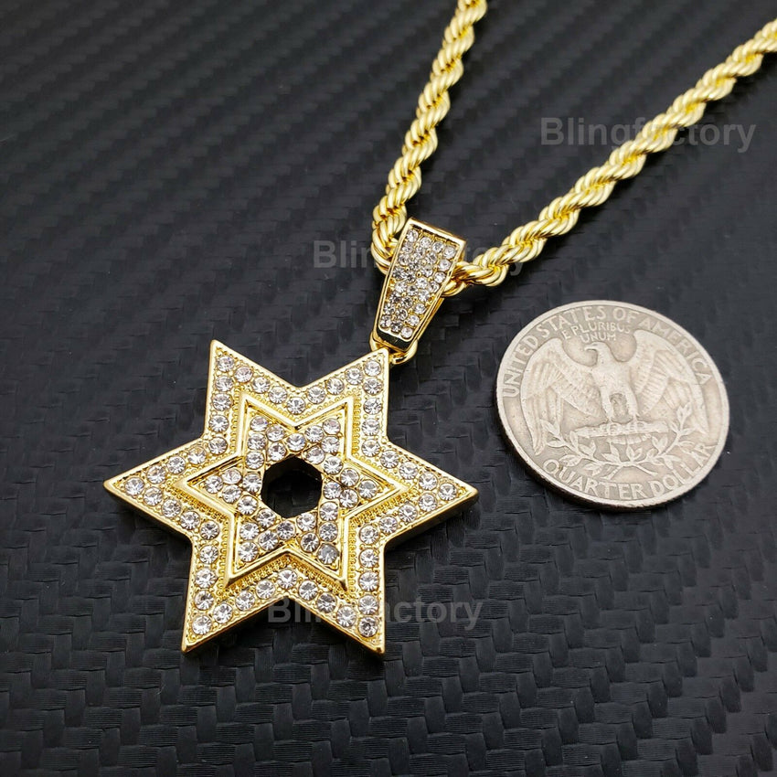 Hip Hop Iced out Lab Diamond Star of David Pendant & 4mm 24" Rope Chain Necklace