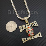 Hip Hop Slaughter Gang Pendant & 1 Row Diamond Tennis Choker Chain Necklace