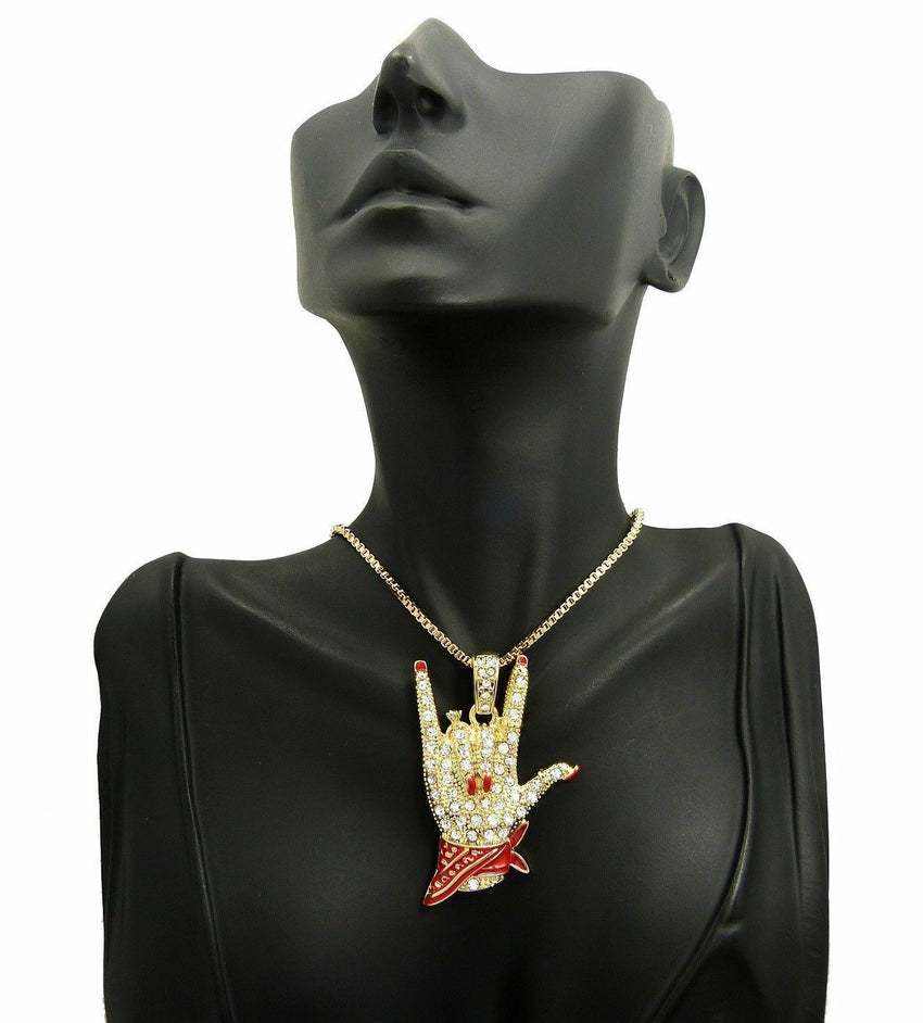 Women's Cardi B I Love You Hand Sign Pendant & 24" Box, Cuban Chain Necklace