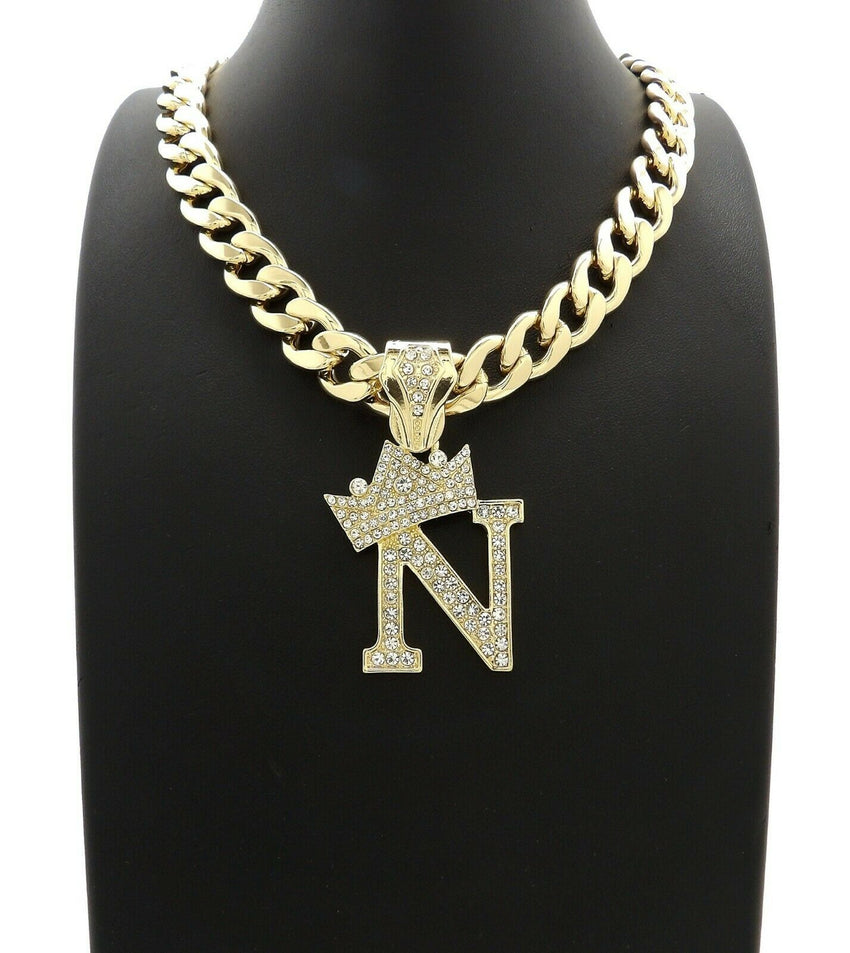 Hip Hop Crowned Alphabet Initial Pendant & 11mm 18" Cuban Choker Chain Necklace