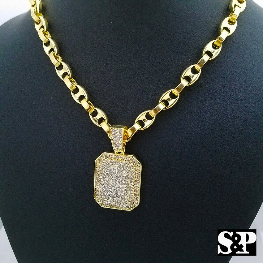 Hip Hop Iced out Gold PT Lab Diamond Square Pendant & 24" Gucci Chain Necklace
