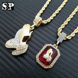 Hip Hop Praying Hands & Red Ruby Praying Hands Pendant w/ Rope Chain 2 Necklaces