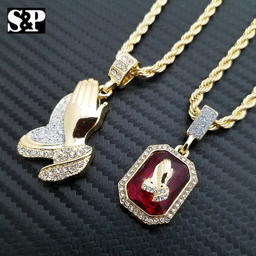 Hip Hop Praying Hands & Red Ruby Praying Hands Pendant w/ Rope Chain 2 Necklaces