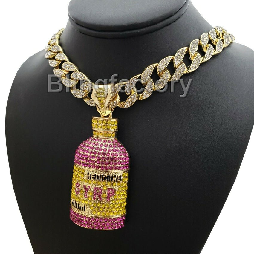 Hip Hop Lab Diamond Syrup Bottle Pendant & 18" Full Iced Cuban Choker Chain Necklace