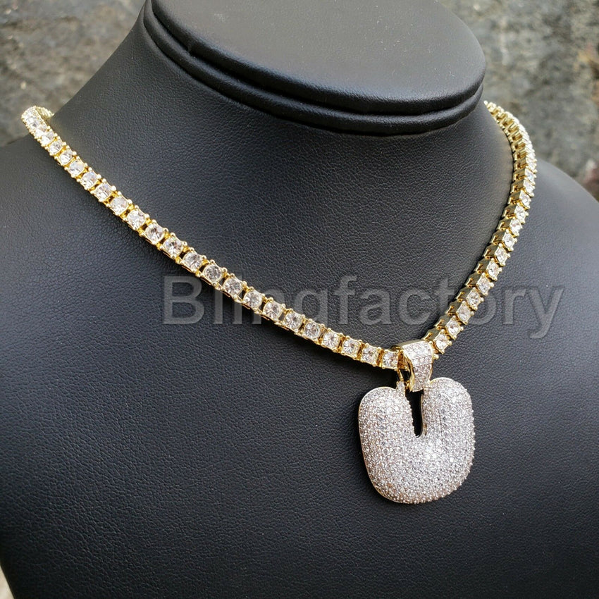 Hip Hop Iced Brass Bubble Letter "U" & 18" 1 Row Tennis Choker Chain Necklace