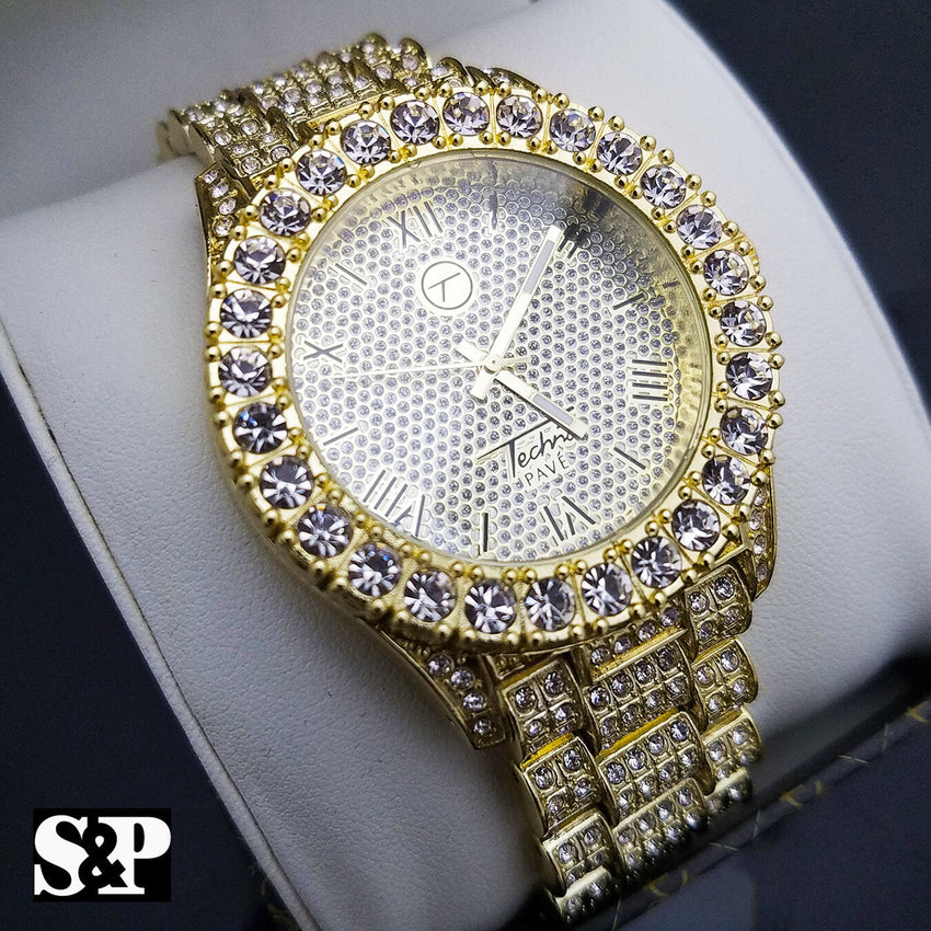 MEN'S ICED OUT HIP HOP GOLD PT WATCH & GUCCI LINK CHAIN BRACELET COMBO SET