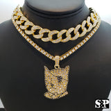 Hip Hop Uzi Vert Pendant w/ 18" Full Iced Cuban & 1 ROW DIAMOND Choker Chain Necklace Set