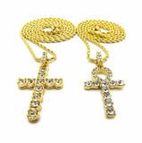 Hip Hop Micro Pave Cross, Ankh Pendant w/ 20", 24" Rope Chain 2 Necklace Set