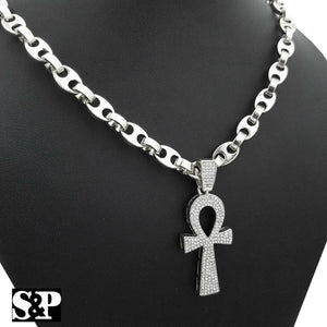 Hip Hop Iced out Lab Diamond Ankh Cross Pendant & 8mm 24