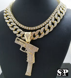 Hip Hop 37 Rip Mary Gun w/ 18" Full Iced Cuban & 1 ROW DIAMOND Choker Chain Necklace Set
