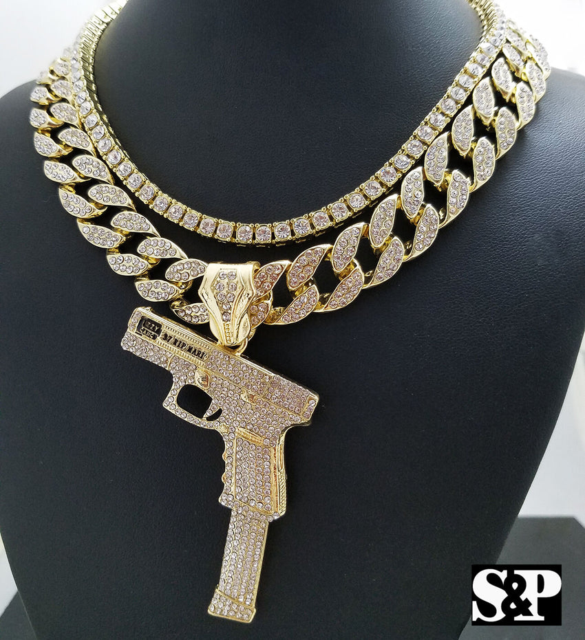 Hip Hop 37 Rip Mary Gun w/ 18" Full Iced Cuban & 1 ROW DIAMOND Choker Chain Necklace Set
