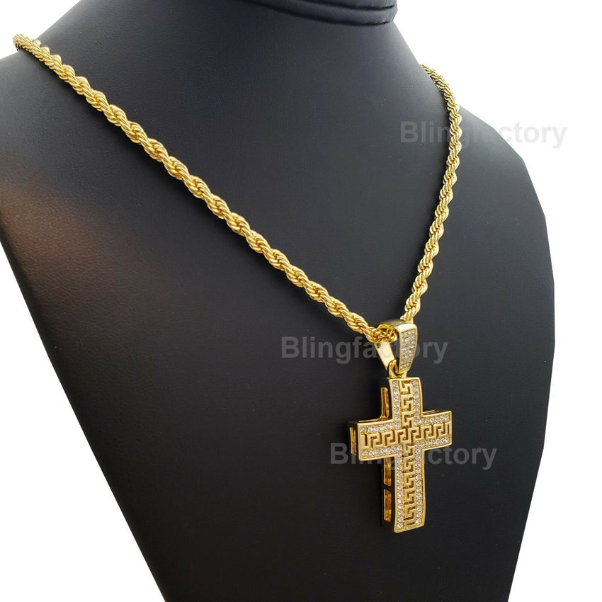 Hip Hop Iced out Designer style Cross Pendant & 4mm 24" Rope Chain Necklace