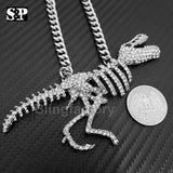 Hip Hop Jewelry Iced T-REX Skeleton Pendant & 6mm 30" Cuban Chain Necklace