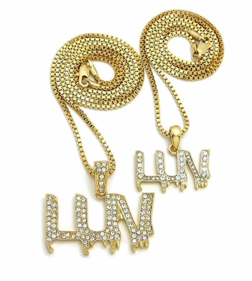 Iced out Hip Hop Pave Small & Big LUV Pendant 20",24" Box Chain 2 Necklace Set