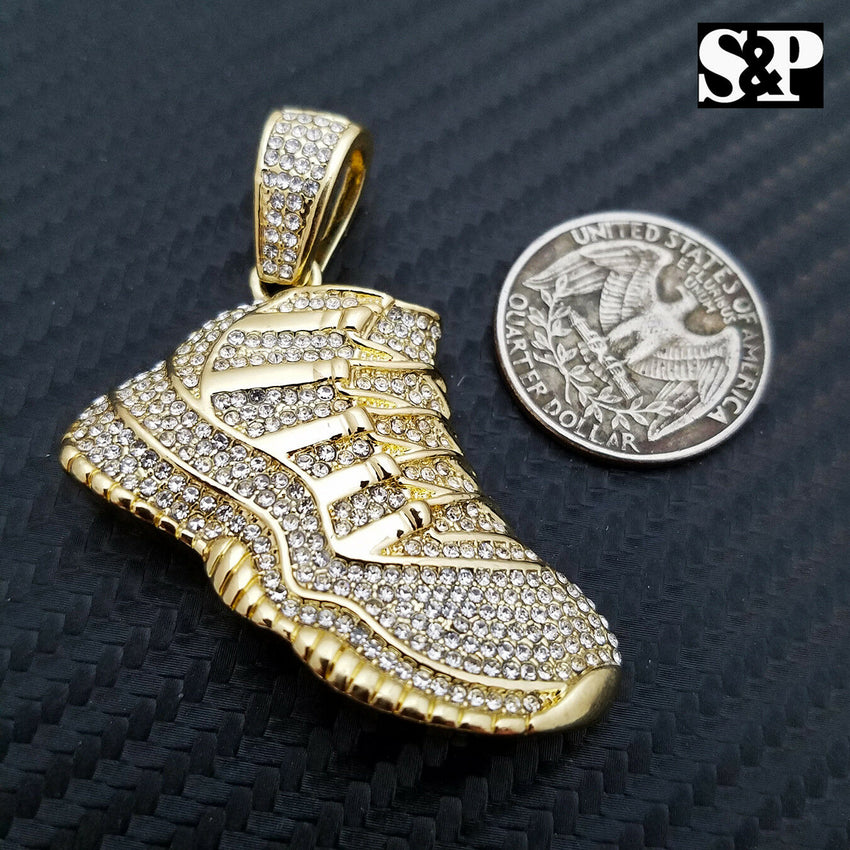 Men 14K Gold Plated Hip Hop Gold Retro 11 Shoe Pendant & 1 Row 18" Tennis Chain