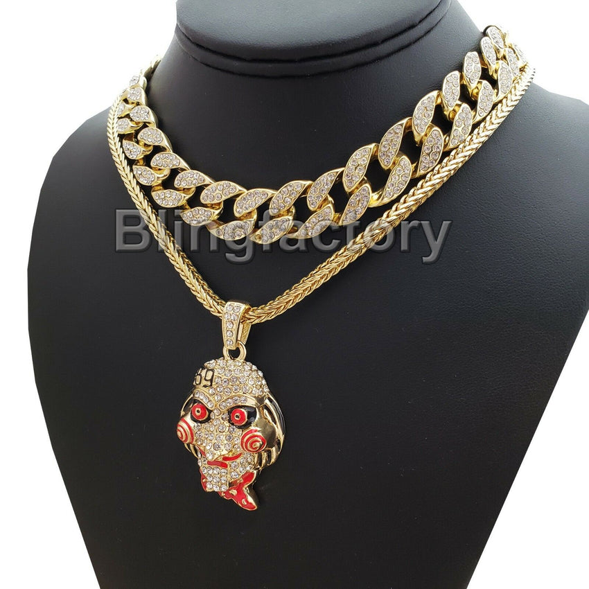 Hip Hop Tekashi69 Saw pendant w/ 18" Franco Chain & Full Iced Cuban Choker Necklace Set