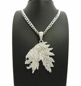Iced Out Side Skull Cheif Face Pendant & 7mm 30