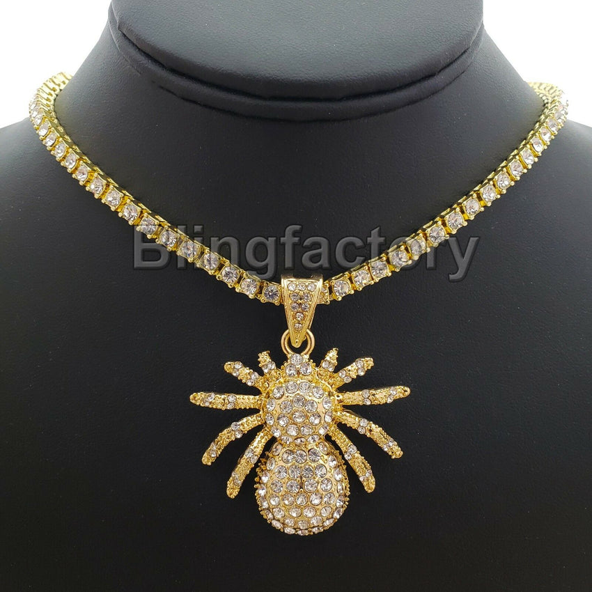 Hip Hop Iced out SPIDER Pendant 18" 1 Row Lab Diamond Tennis Choker Chain Necklace