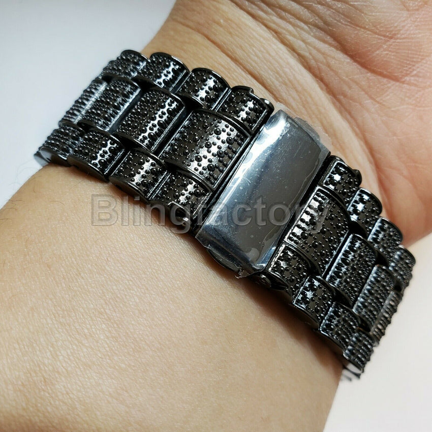 Men's Hip Hop Iced Rapper Bling BIG Simulated Diamond Black Metal Band Watch