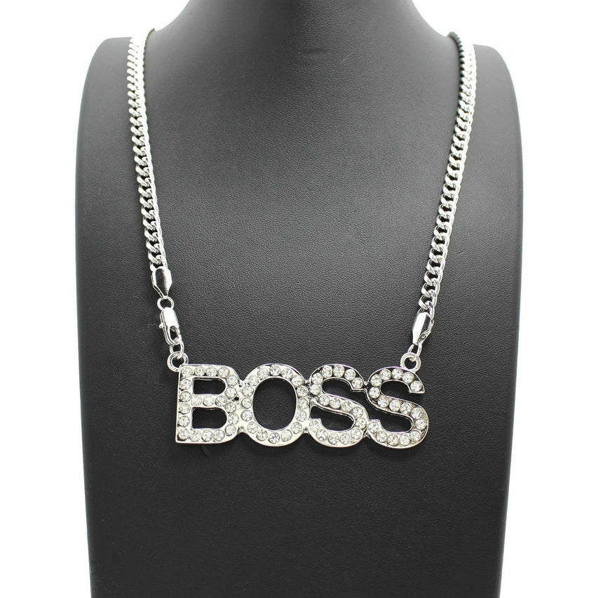 Women's Fashion White Gold Plated CZ BOSS Pendant & 5mm 24" Link Chain Necklace