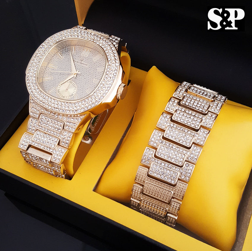 NEW MEN ICED HIP HOP GOLD PT LAB DIAMONDS JAY-Z WATCH & BRACELET COMBO SET