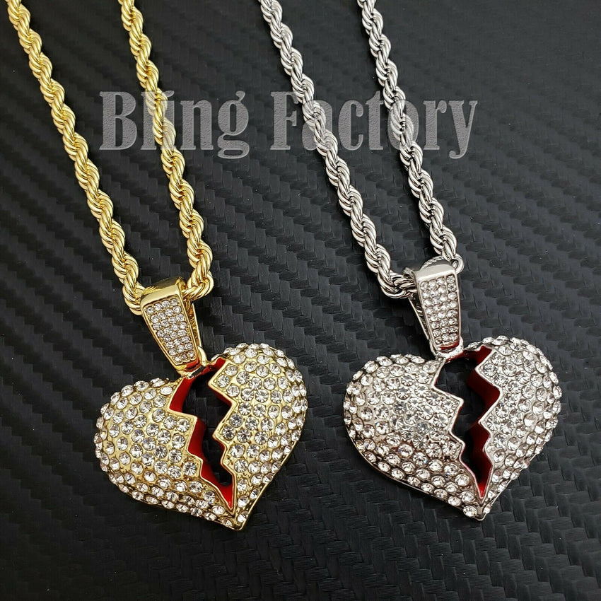 Hip Hop Iced out Broken Heart Charm Pendant & 4mm 24" Rope Chain Necklace