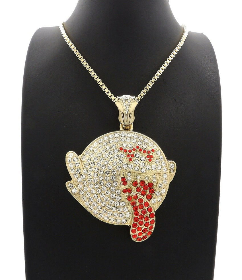Iced out Large Mario Ghost Boo Pendant 3mm 30 Box Chain Hip Hop Nec