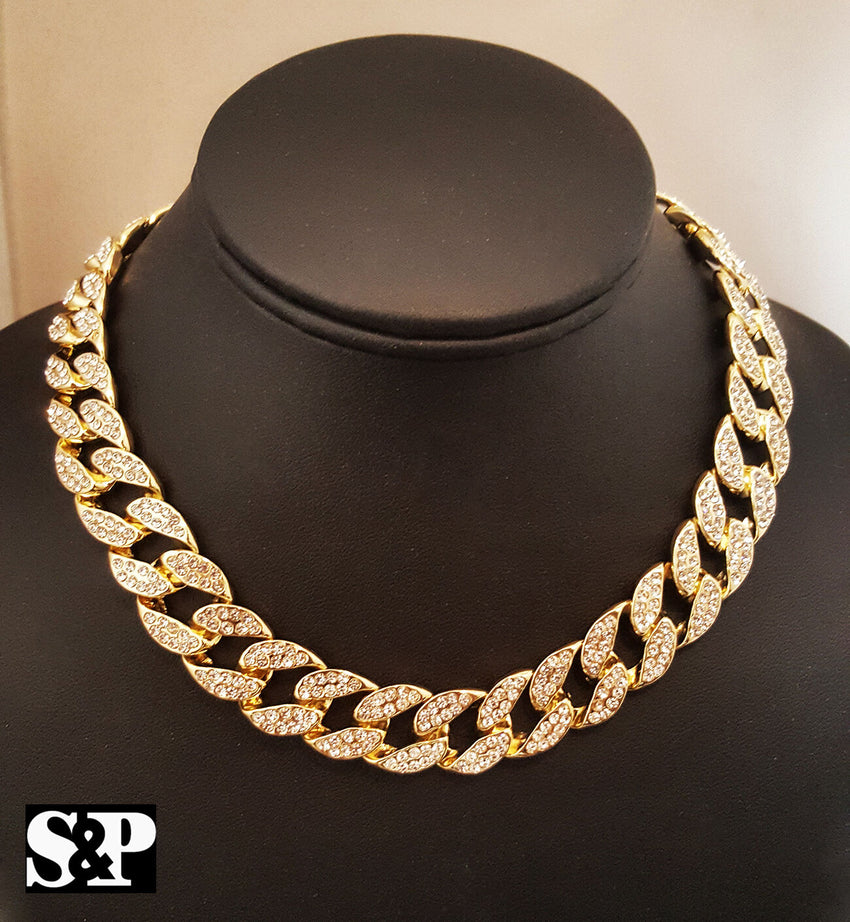 Hip Hop Men Quavo Iced 15mm 16" Miami Cuban Choker 2 Chains Necklace Set