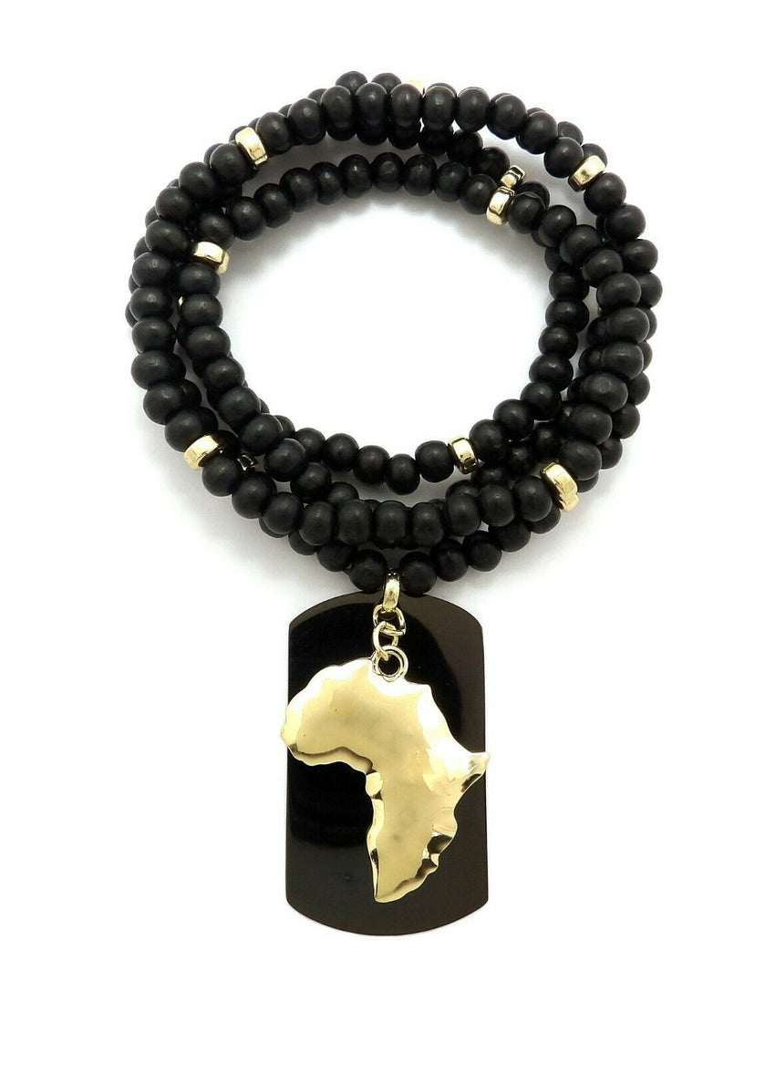 Hip Hop Iced Egyptian Africa & Dog Tag Pendant w/ 6mm 30" Wooden Bead Necklace