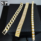 MEN'S HIP HOP QUAVO 1 & 4 ROW TENNIS, FULL ICED CUBAN CHAIN BRACELET COMBO SET