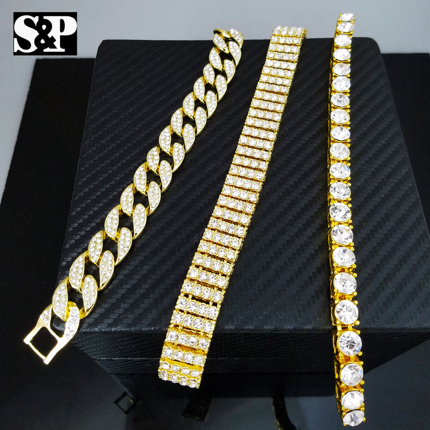 MEN'S HIP HOP QUAVO 1 & 4 ROW TENNIS, FULL ICED CUBAN CHAIN BRACELET COMBO SET