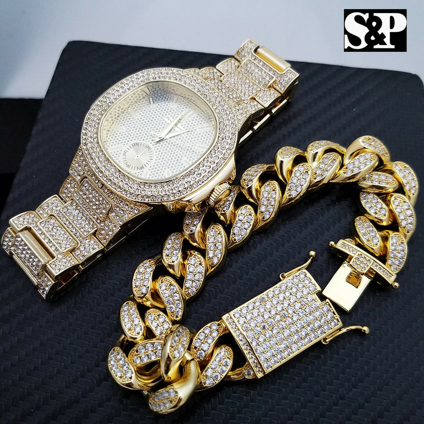 MENS HIP HOP QUAVO GOLD PT LUXURY WATCH & FULL ICED CUBAN BRACELET COMBO SET