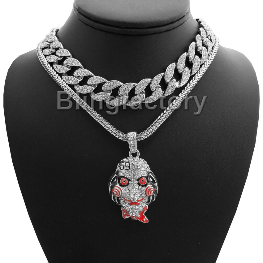 Hip Hop Tekashi69 Saw pendant w/ 18" Franco Chain & Full Iced Cuban Choker Necklace set