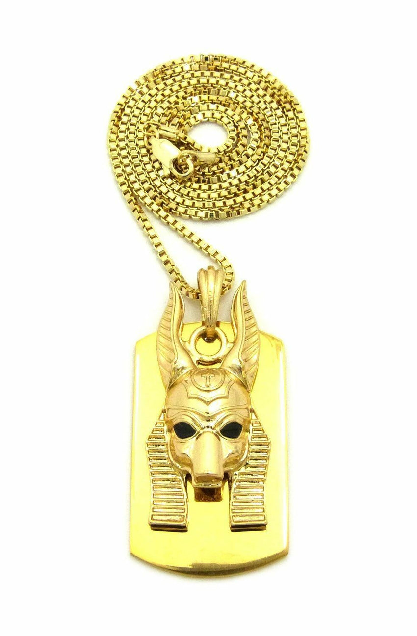 NEW GOLD PT ANUBIS HEAD DOG TAG PENDANT & 2mm 24" BOX CHAIN HIP HOP NECKLACE