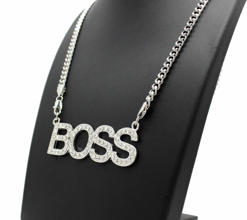 Women's Fashion White Gold Plated CZ BOSS Pendant & 5mm 24" Link Chain Necklace