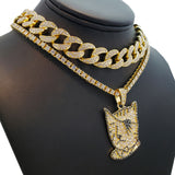 Hip Hop Uzi Vert Pendant w/ 18" Full Iced Cuban & 1 ROW DIAMOND Choker Chain Necklace Set