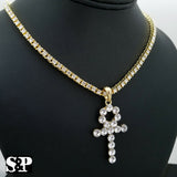 Hip Hop Iced Out Lab Diamond Watch & Ankh pendant 1 Row Tennis Chain Combo Set