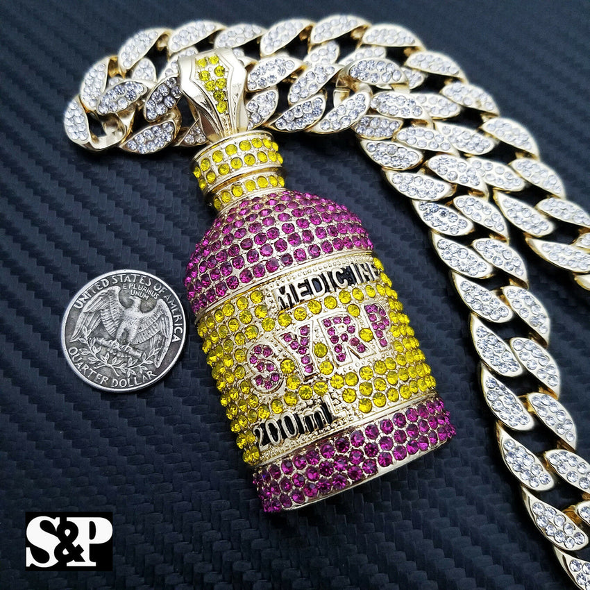 Hip Hop Lab Diamond Syrup Bottle Pendant & 18" Full Iced Cuban Choker Chain Necklace