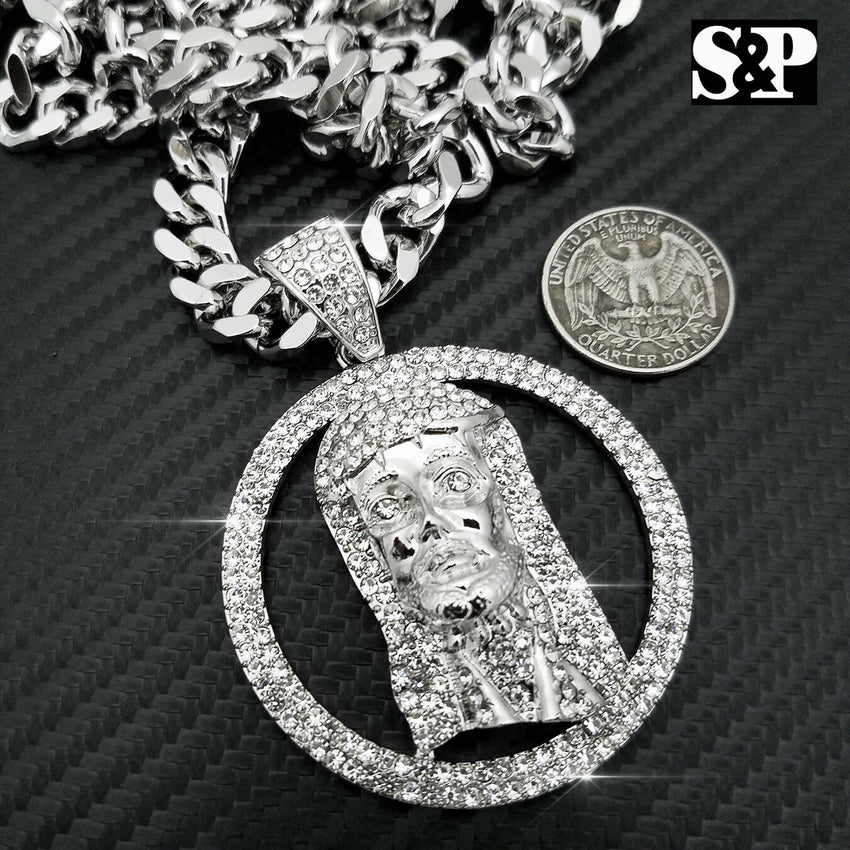 HIP HOP ICED OUT BIG JESUS FACE PENDANT & 10mm 30" HEAVY CUBAN CHAIN NECKLACE